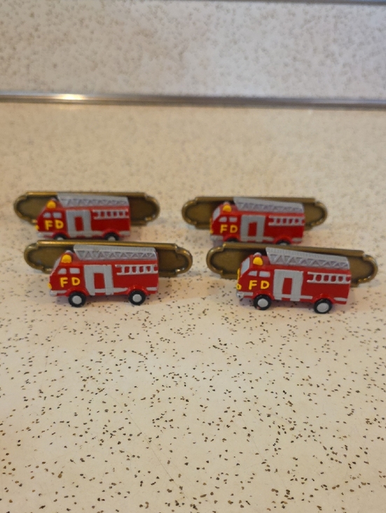 Other - Red Fire Truck Resin Drawer Pulls With Removable‎ Brass Plate Set of 4